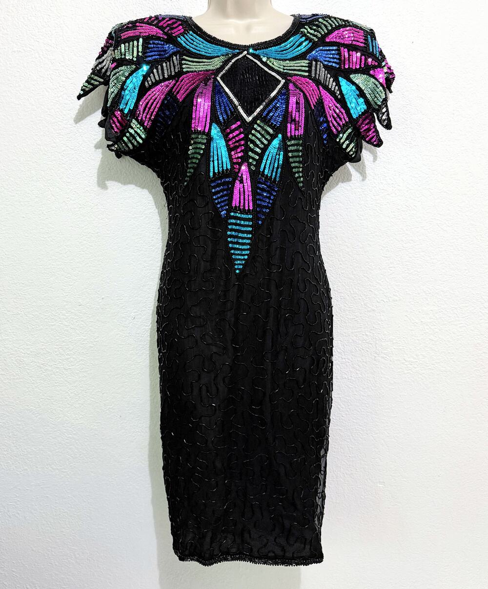 VTG SWEELO Sequin & Beaded Silk Cocktail Dress (Sz 8-10) Butterfly Pattern,